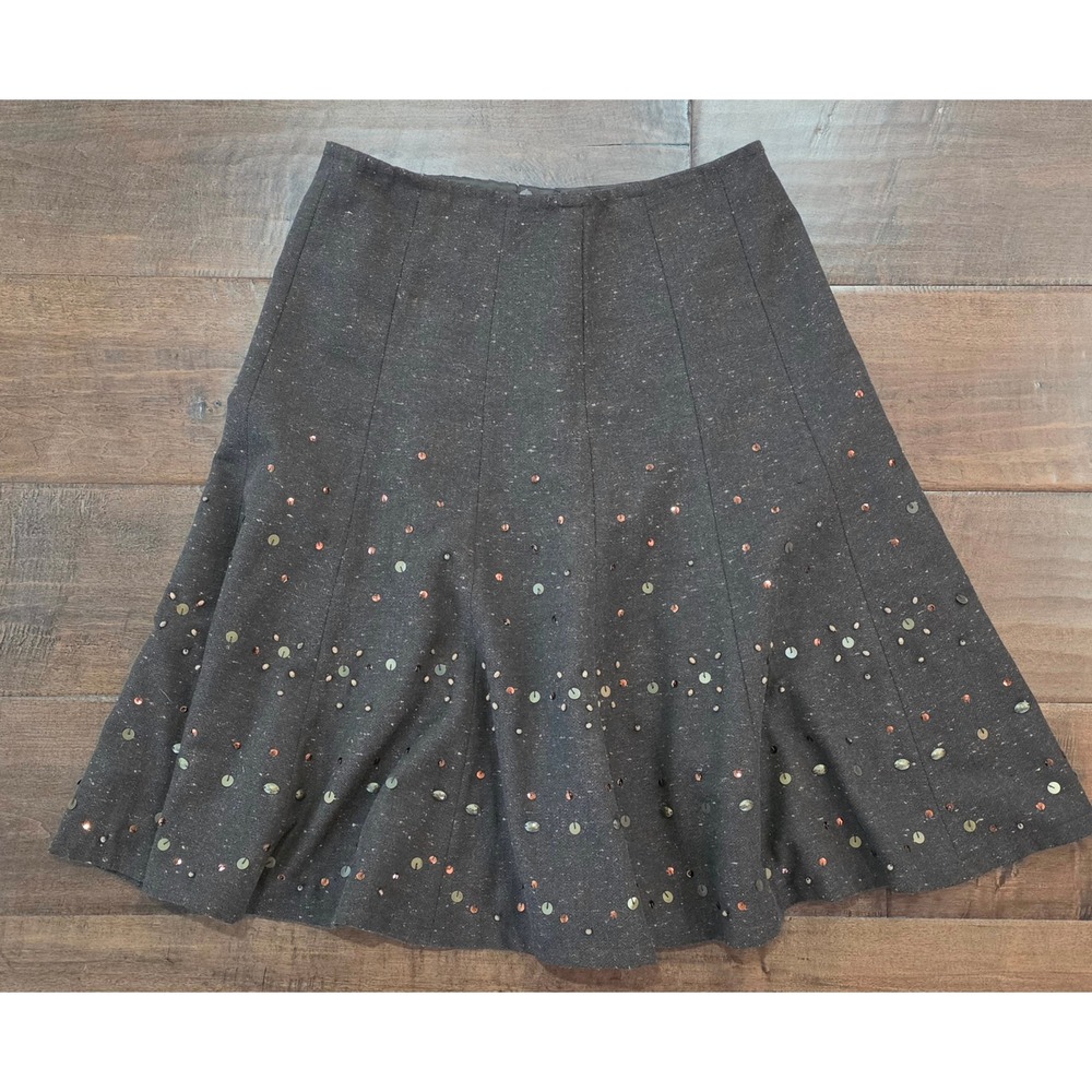 Vtg 90s Boho Dark Academia Brown Tweed A-Line Skirt Sequin Beaded Embellished M